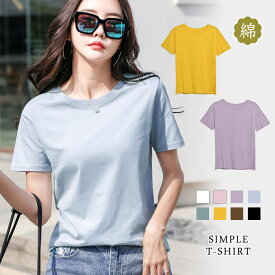 Tシャツ レディース 秋 冬 秋冬 白 黒 カットソー 半袖 チュニック 無地 Uネック トップス シンプル ストレッチ ホワイト ブラック ピンク パープル ブルー グリーン イエロー オフィス カジュアル