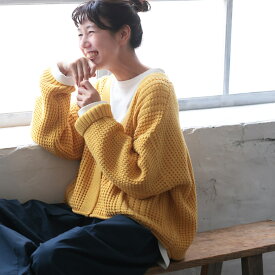 はちみつ堂 ゆず色カーディガン M/L/LL/3L/4L/5Lサイズレディース/ニットカーディガン/長袖/Vネック/透かし編み/ローゲージ/トップス