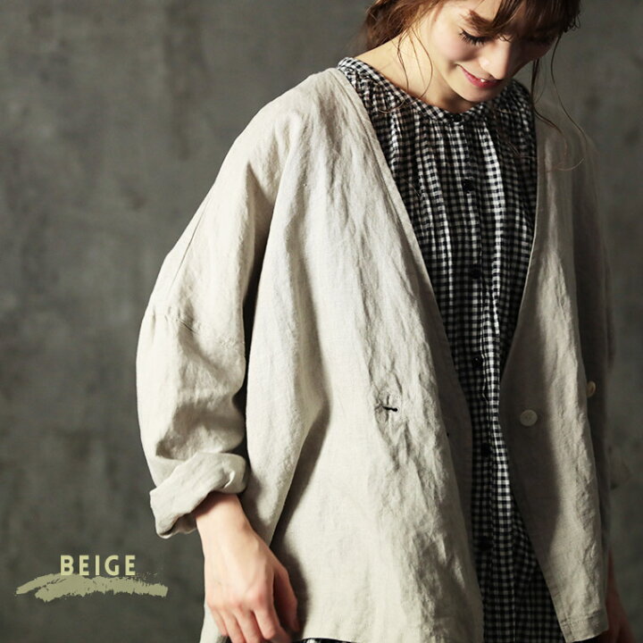 楽天市場 はみ出すためのリネンの羽織り M L Ll 3l 4lサイズ レディース ジャケット ノーカラー ショート丈 長袖 麻 トップス Soulberry