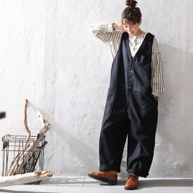 店長がつくった、デニムじゃないサロペット M/L/LL/3L/4Lサイズ レディース/オーバーオール/オールインワン/つなぎ/ワイドパンツ/綿/コットン/ボトムス