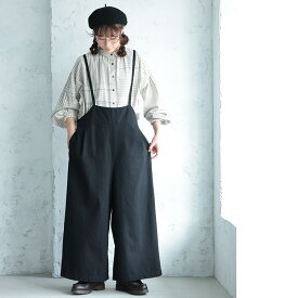 クロヤギさんからお手紙ついた 黒のサスペンダーパンツ M/L/LL/3L/4L/5Lサイズ レディース/サロペット/ワイドパンツ/ロング/綿/コットン/ボトムス