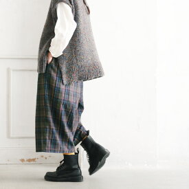 O.W.N 秋へ踏み出すチェックのパンツ M/L/LL/3L/4Lサイズ レディース/コクーンパンツ/バルーンパンツ/クロップド/ワイド/半端丈/リネン混/麻混/ボトムス