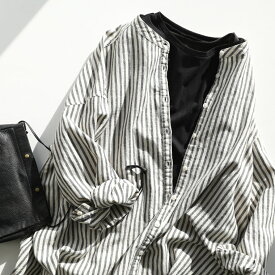 黒に合わせたいストライプシャツ M/L/LL/3L/4Lサイズ レディース/ブラウス/チュニック/長袖/ノーカラー/バンドカラー/麻混/リネン混/トップス/クリスマス/プレゼント/ギフト/贈り物