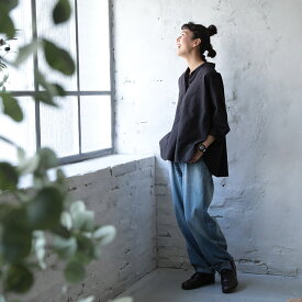 あしたのふく くたっとオープンカラーなシャツ M/L/LL/3L/4Lサイズ レディース/開襟シャツ/ブラウス/長袖/リネン混/麻混/トップス