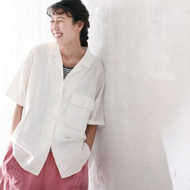 ツバメガレージ ポケットに手を入れてサマになるシャツ M/L/LL/3L/4Lサイズ レディース/開襟シャツ/ブラウス/5分袖/五分袖/リネン混/麻混/トップス
