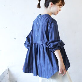 あしたのふく ビターストライプな、ひらっとシャツ M/L/LL/3L/4Lサイズ レディース/ブラウス/プルオーバー/長袖/ノーカラー/バンドカラー/フリル/綿/コットン/トップス