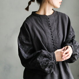 はちみつ堂 味わい刺繍ブラウス M/L/LL/3L/4L/5Lサイズ レディース/プルオーバー/ノーカラー/バンドカラー/長袖/パフスリーブ/バルーンスリーブ/麻混/リネン混/トップス