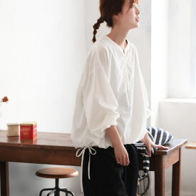 はちみつ堂 ふわっと、結ぶプルオーバー M/L/LL/3L/4L/5Lサイズ レディース/ブラウス/長袖/パフスリーブ/ノーカラー/キーネック/綿/コットン/トップス