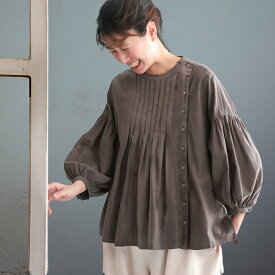 ふくろうと月 サイド釦のブラウス M/L/LL/3L/4L/5Lサイズ レディース/シャツ/7分袖/七分袖/バルーンスリーブ/パフスリーブ/綿/コットン/トップス