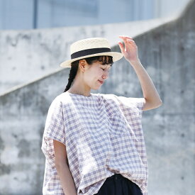 あしたのふく アイスグレーのチェックブラウス M/L/LL/3L/4Lサイズ レディース/プルオーバー/半袖/ドルマンスリーブ/フレンチスリーブ/麻混/リネン混/トップス