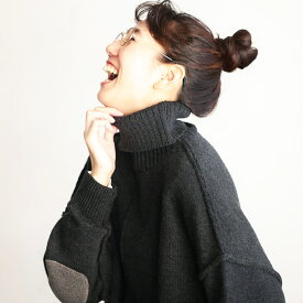 【11/09 23:59まで★2点で30％OFF、3点以上で半額…!?】ずっとかわいい、肘パッチのタートル M/L/LL/3L/4L/5Lサイズ レディース/プルオーバー/ニット/ハイネック/長袖/エルボーパッチ/トップスイベント商品のためお客様都合での返品・交換不可