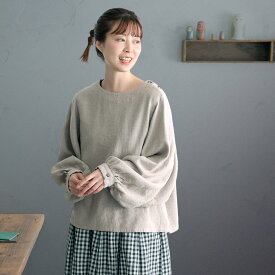 ふくろうと月 肩釦のドルマンプルオーバー M/L/LL/3L/4L/5Lサイズ レディース/ブラウス/長袖/パフスリーブ/クルーネック/麻混/リネン混/トップス