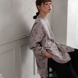 O.W.N モノトーンなドット刺繍のシャツ M/L/LL/3L/4L/5Lサイズ レディース/ブラウス/長袖/ロング/ノーカラー/バンドカラー/麻混/リネン混/水玉/トップス
