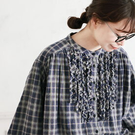 O.W.N チェックなフリルブラウス M/L/LL/3L/4L/5Lサイズ レディース/シャツ/長袖/パフスリーブ/バルーンスリーブ/ノーカラー/バンドカラー/トップス