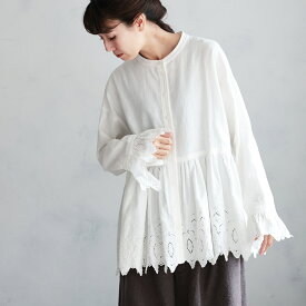 ニットの裾から、ひらっと出したいレースのブラウス M/L/LL/3L/4L/5Lサイズ レディース/シャツ/長袖/キャンディースリーブ/フレア/Aライン/麻混/リネン混/トップス