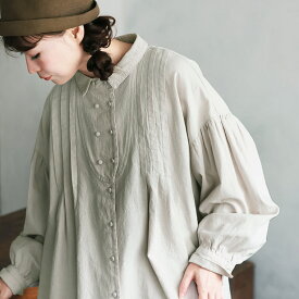 ブリードの森 マロンクリームのブラウス M/L/LL/3L/4L/5Lサイズ レディース/シャツ/長袖/パフスリーブ/ダブルボタン/Wボタン/麻混/リネン混/トップス/クリスマス/プレゼント/ギフト/贈り物