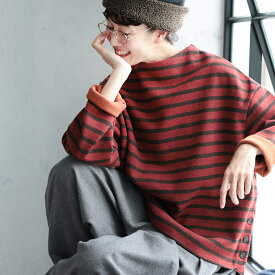 O.W.N 焼き林檎のボーダープルオーバー M/L/LL/3L/4L/5Lサイズ レディース/ニットソー/長袖/ボートネック/ボトルネック/ウール混/毛混/ダブルフェイス/トップス