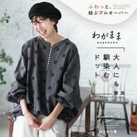 はちみつ堂 「わがまま別注」ふわっと結ぶ「大人にも馴染むドット」のプルオーバー M/L/LL/3L/4L/5Lサイズ レディース/ブラウス/長袖/パフスリーブ/ノーカラー/キーネック/綿/麻混/リネン混/水玉/刺繍/トップス