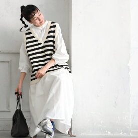 O.W.N なみなみあみのボーダーベスト M/L/LL/3L/4L/5Lサイズ レディース/ニットベスト/ノースリーブ/Vネック/透かし編み/トップス