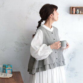 ふくろうと月 午後三時のベスト M/L/LL/3L/4L/5Lサイズ レディース/ジレ/ノースリーブ/クルーネック/フリル/綿/コットン/トップス