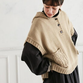 O.W.N ケーブルポケットなニットベスト M/L/LL/3L/4L/5Lサイズ レディース/ノースリーブ/フレンチスリーブ/フード付き/ケーブル編み/トップス/クリスマス/プレゼント/ギフト/贈り物