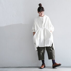 O.W.N フロントプリーツチュニック M/L/LL/3L/4Lサイズ レディース/シャツチュニック/ワンピース/膝丈/長袖/リネン混/麻混