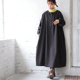 頑固なまこちゃんの、はなまる服 スモックなワンピース M/L/LL/3L/4Lサイズ レディース/ロング丈/長袖/ノーカラー/バンドカラー/フレア/麻混/リネン混