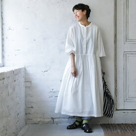 いちばん着ちゃう、白いワンピース S/M/L/LL/3L/4Lサイズ レディース/シャツワンピース/ロング/長袖/ノーカラー/バンドカラー/フレア/Aライン/パフスリーブ/綿/コットン