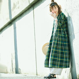 【7月下旬より順次出荷】メロンソーダのワンピース M/L/LL/3L/4L/5Lサイズ レディース/ロング/フレア/Aライン/五分袖/5分袖/半袖/開襟/チェック柄/リネン混/麻混