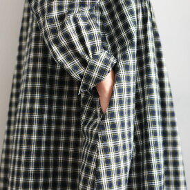 よくばりな、ネイビーのワンピース。 M/L/LL/3L/4L/5Lサイズ レディース/ロング/フレア/Aライン/長袖/ノーカラー/バンドカラー/ピンタック/チェック/コットン/綿/クリスマス/プレゼント/ギフト/贈り物