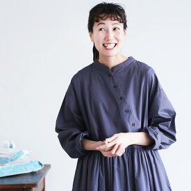 ［me］ 私のななめボタンなワンピース M/L/LL/3L/4L/5Lサイズ レディース/ロング/長袖/フレア/Aライン/アシンメトリー/綿/コットン