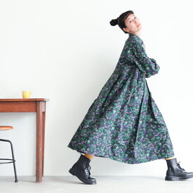 ［me］ 私の押し花ワンピース M/L/LL/3L/4L/5Lサイズ レディース/シャツワンピース/ロング/フレア/Aライン/長袖/綿/コットン/花柄/北欧風