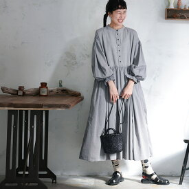 ふくろうと月 はいいろフクロウのワンピース M/L/LL/3L/4L/5Lサイズ レディース/ロング/フレア/Aライン/長袖/パフスリーブ/バルーンスリーブ/ノーカラー/バンドカラー