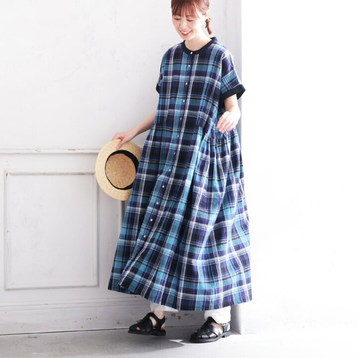 楽天市場】O.W.N 袖あり！なノースリの青いチェックワンピース M/L/LL 
