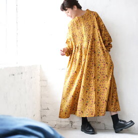 はちみつ堂 木の葉のワンピース M/L/LL/3L/4L/5Lサイズ レディース/ロング/Aライン/フレア/長袖/ノーカラー/バンドカラー/草花柄/綿/コットン