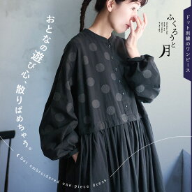 【ついに再入荷！】ふくろうと月 ドット刺繍のワンピース M/L/LL/3L/4L/5Lサイズ レディース/ロング/フレア/Aライン/長袖/ノーカラー/バンドカラー/綿/コットン/水玉