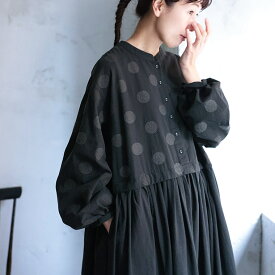 【ついに再入荷！】ふくろうと月 ドット刺繍のワンピース M/L/LL/3L/4L/5Lサイズ レディース/ロング/フレア/Aライン/長袖/ノーカラー/バンドカラー/綿/コットン/水玉