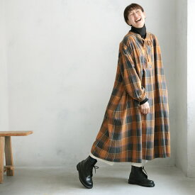 店長がつくったハニーマスタードなワンピース M/L/LL/3L/4L/5Lサイズ レディース/ロング/フレア/Aライン/長袖/スキッパー風/綿/コットン/チェック