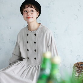 6Bee パティシエみたいなワンピース M/L/LL/3L/4L/5Lサイズ レディース/ロング/フレア/Aライン/長袖/ダブルボタン/麻混/リネン混