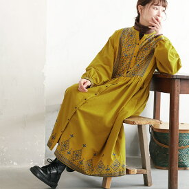 ブリードの森 黄昏ステッチワンピース M/L/LL/3L/4L/5Lサイズ レディース/シャツワンピース/ロング/フレア/Aライン/長袖/パフスリーブ/キーネック/花柄刺繍/コットン/綿