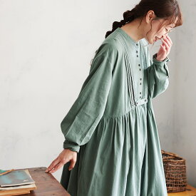 ブリードの森 アーモンドグリーンのワンピース M/L/LL/3L/4L/5Lサイズ レディース/ロング/フレア/Aライン/長袖/ノーカラー/バンドカラー/レース/綿/コットン/クリスマス/プレゼント/ギフト/贈り物