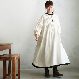 はちみつ堂 黒糖ミルクのワンピース M/L/LL/3L/4L/5Lサイズ レディース/ロング/フレア/Aライン/長袖/パフスリーブ/ノーカラー/バンドカラー/ピンタック/麻混/リネン混