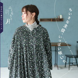 ふくろうと月 ゆきわり草のワンピース M/L/LL/3L/4L/5Lサイズ レディース/ロング/Aライン/フレア/長袖/パフスリーブ/キーネック/スキッパー風/綿/コットン