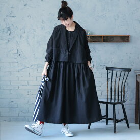 【2月下旬より順次出荷】ふくろうと月 ボレロみたいなワンピース M/L/LL/3L/4L/5Lサイズ レディース/ロング/フレア/Aライン/長袖/ドッキング/重ね着風/レイヤード風/セットアップ風/リネン混/麻混