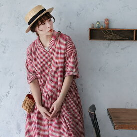 ふくろうと月 あかい木の実のワンピース M/L/LL/3L/4L/5Lサイズ レディース/ロング/フレア/Aライン/半袖/5分袖/五分袖/開襟/オープンカラー/ギンガムチェック