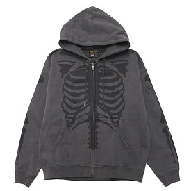 VANSON バンソン ジップアップフーディー ジップフード パーカー BONE ZIPUP HOODIE ワイドシルエット スカル スケルトン ボーン プリント ウォッシュ加工 裏毛 ブラック M L