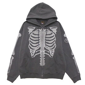VANSON バンソン ジップアップフーディー ジップフード パーカー BONE ZIPUP HOODIE ワイドシルエット スカル スケルトン ボーン プリント ウォッシュ加工 裏毛 ブラック M L