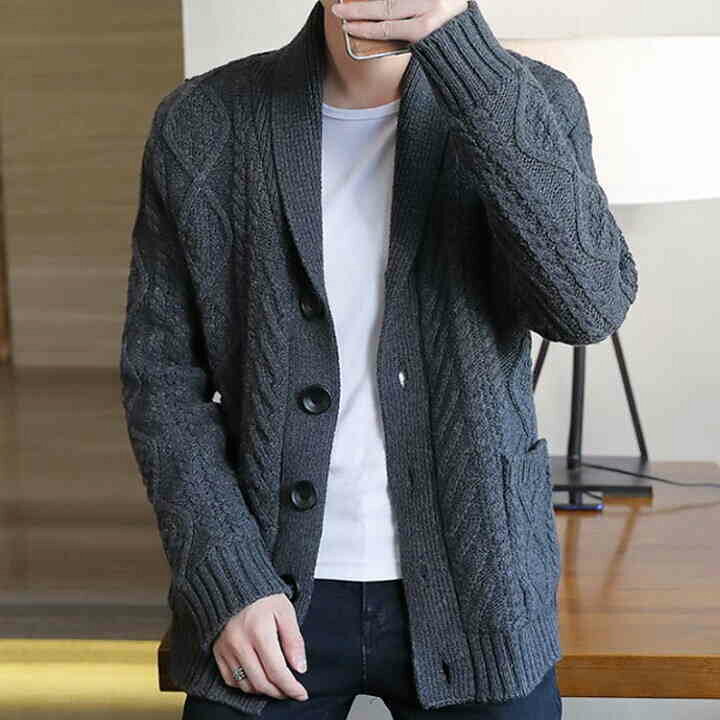楽天市場 ニットカーディガン 全5色 5サイズショールカラーカーディガン ニット ショールカラー ケーブル編み カーディガン 裏ボア 長袖 大きサイズ 裏起毛 秋 メンズファッション Front Fashion