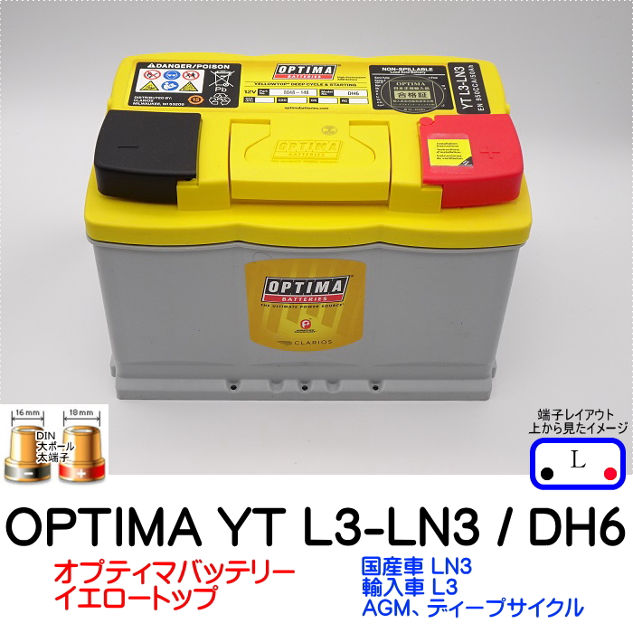 オプティマバッテリーイエロートップ　YTL3-LN3 AGM ディープサイクル   YT DH6   8048-148   国産車 LN3、輸入車 LN3規格車 オプティマ バッテリー カーバッテリー ドライバッテリー