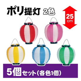 【提灯】ポリ提灯 5色(赤青黄緑桃)セット H25×W22.5cm / ちょうちん お祭り イベント 店舗 装飾 屋台 縁日 盆踊り 夏祭り 町内会